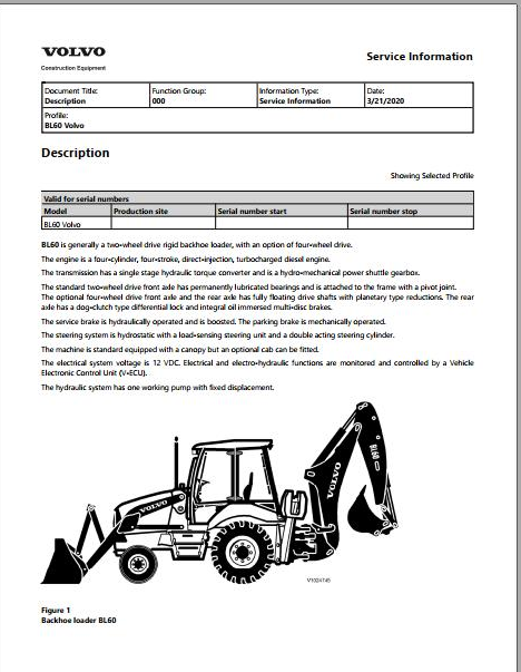 Volvo BL60 Backhoe Loader Service and Parts Manual New 2020 PDF