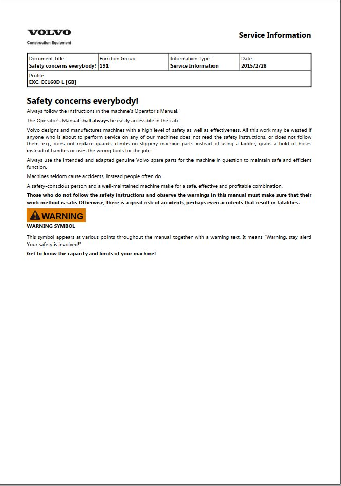 Volvo Excavator EC160DL Service Repair Manual PDF