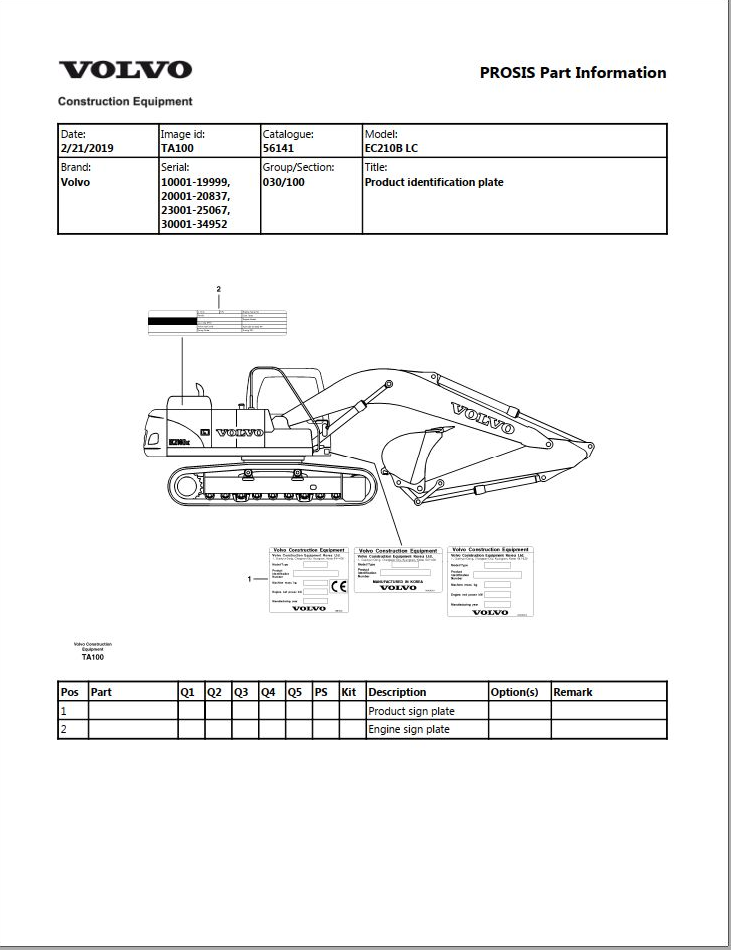 Volvo Excavator EC210B LC Parts