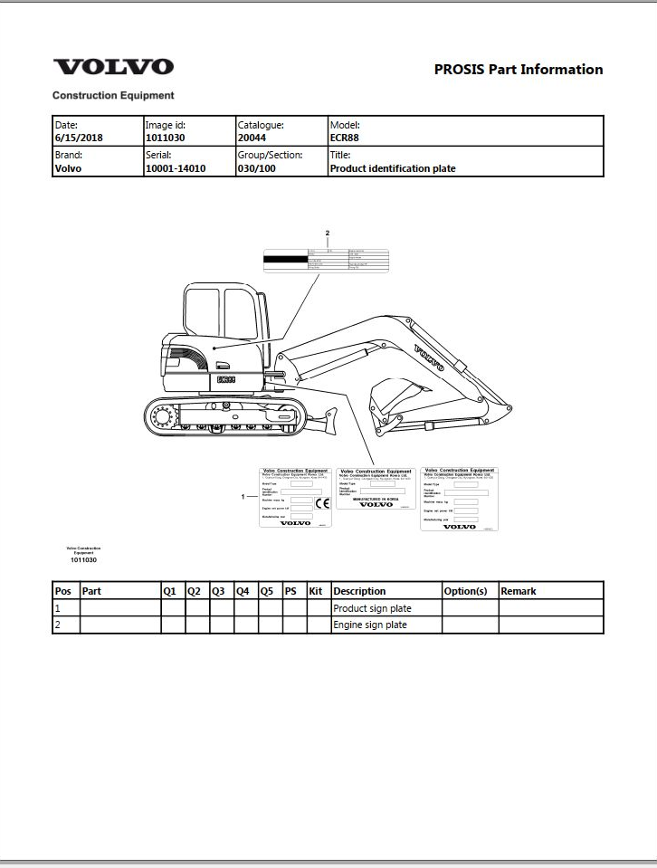 Volvo Excavator ECR88 10001-14010 Parts