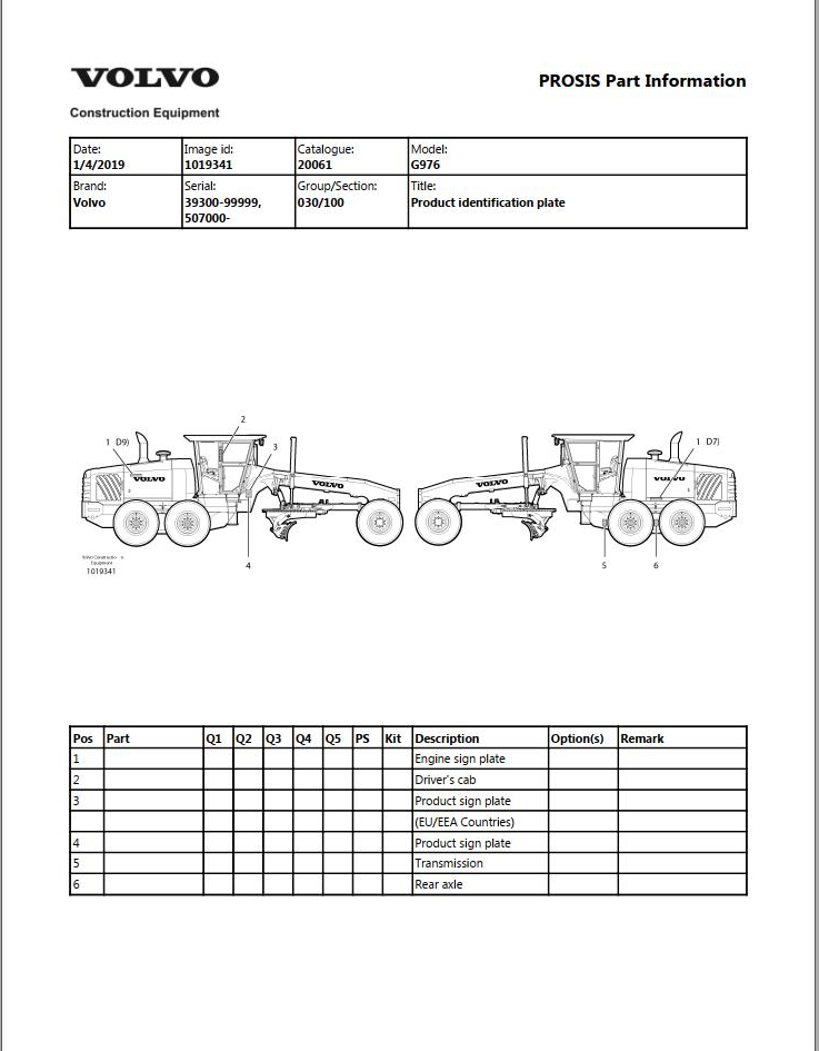 Volvo Motor Grader G976 Parts Catalog