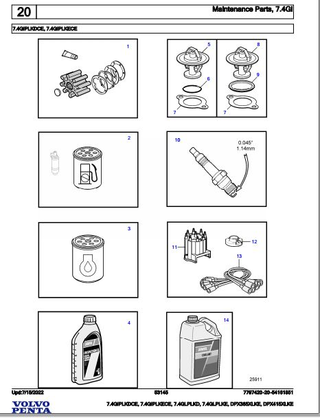 Volvo Penta Marine Gasoline Engines 7.4GIPLKDCE to DPX415XLKE Parts Catalog