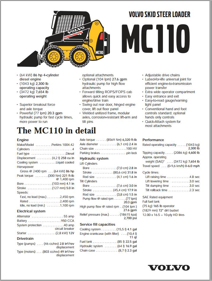 Volvo Skid Steer Loader MC110 Parts and Service Repair Manual PDF