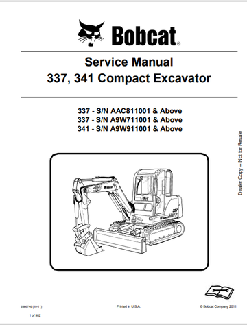 BOBCAT 337, 341 COMPACT EXCAVATOR SERVICE MANUAL ( 6986746) - PDF FILE