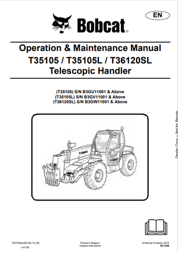 BOBCAT T35105 / T35105L / T36120SL TELESCOPIC HANDLER OPERATION & MAINTENANCE MANUAL (7257230) - PDF FILE