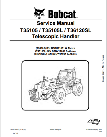 BOBCAT T35105 / T35105L / T36120SL TELESCOPIC HANDLER SERVICE MANUAL (7257231) - PDF FILE