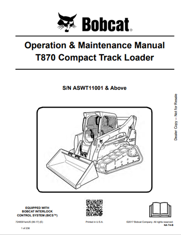 BOBCAT T870 COMPACT TRACK LOADER OPERATION & MAINTENANCE MANUAL (7248301) - PDF FILE