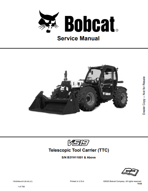 BOBCAT V519 TELESCOPIC TOOL CARRIER (TTC) SERVICE MANUAL (7303209) - PDF FILE