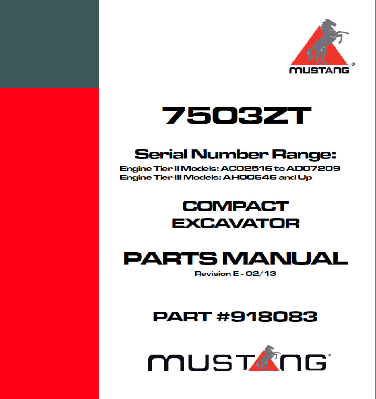 Mustang 7503ZT Compact Excavator Parts Catalog Manual 918083 PDF Download