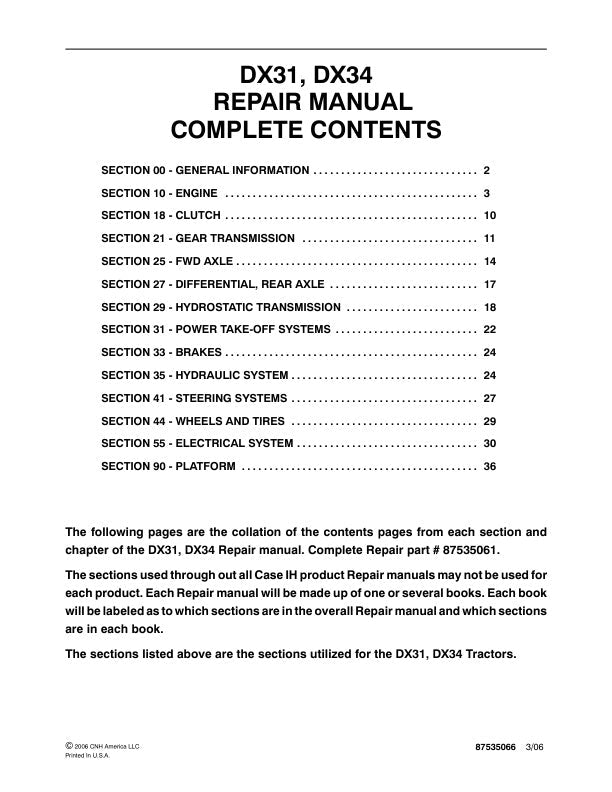 CASE DX31, DX34 Tractor Repair Manual – 87535066