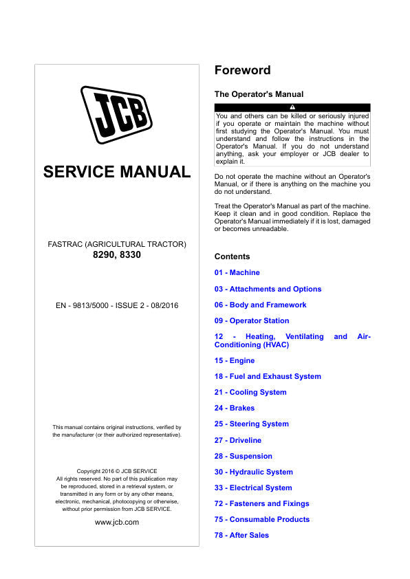 JCB 8290 & 8330 Fastrac Service Manual – Repair & Maintenance Guide 9813/5000