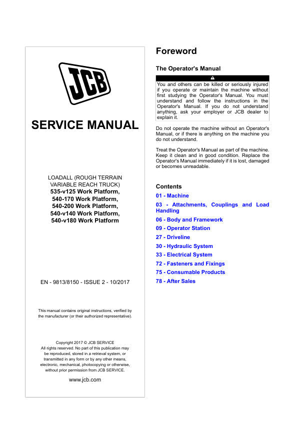 JCB 535-V125, 540-170, 540-200, 540-V140, 540-V180 Work Platform Service Manual 9813/8150