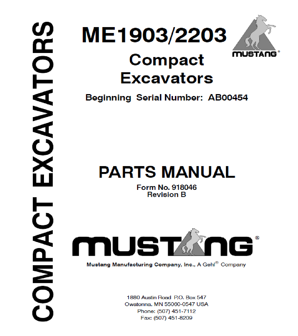 Mustang ME 1903/2203 Compact Excavators Parts Catalog Manual (SN AB00454 - AD00453) 918046 PDF Download