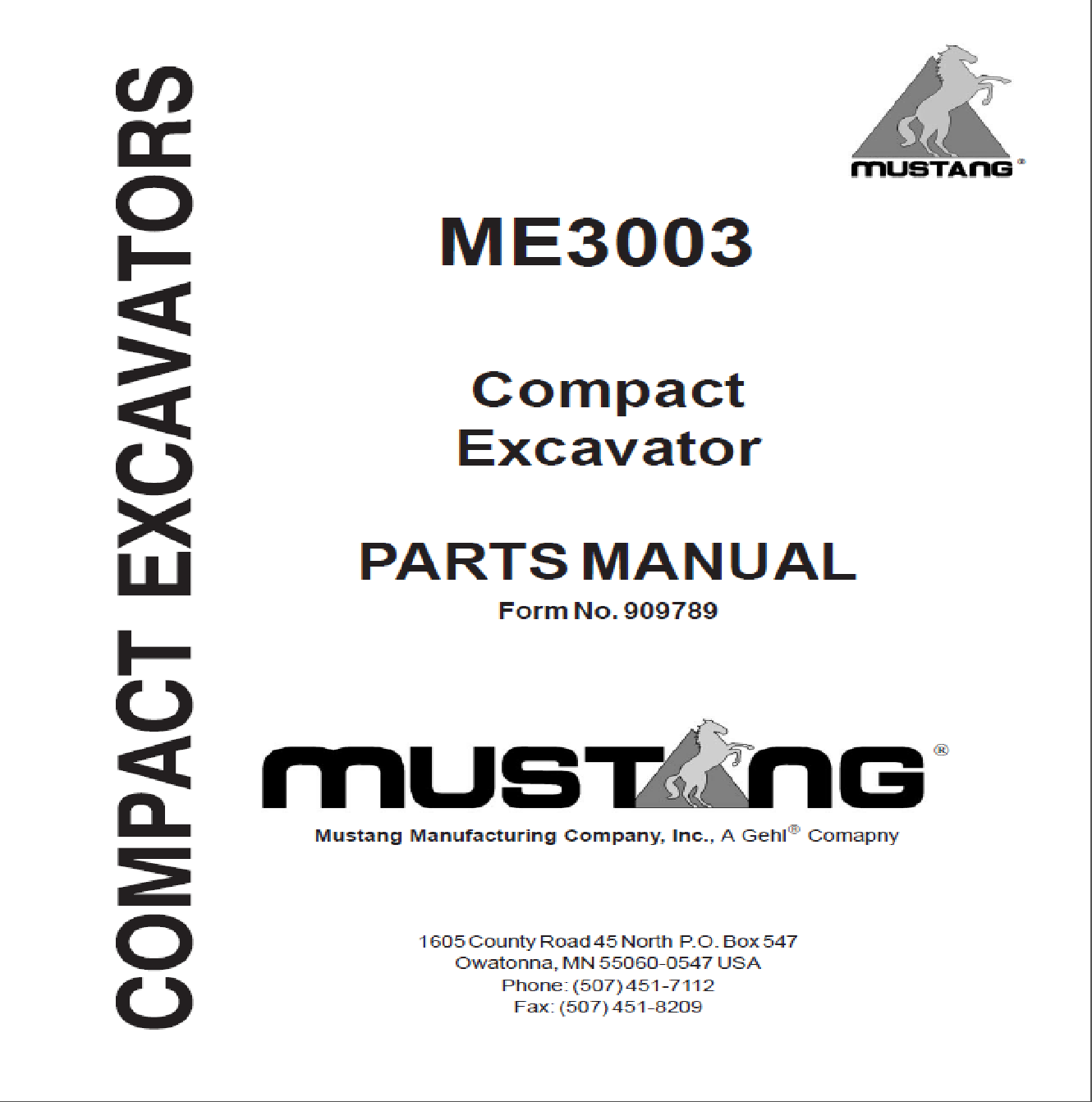 Mustang ME3003 Compact Excavator Parts Catalog Manual 909789 PDF Download