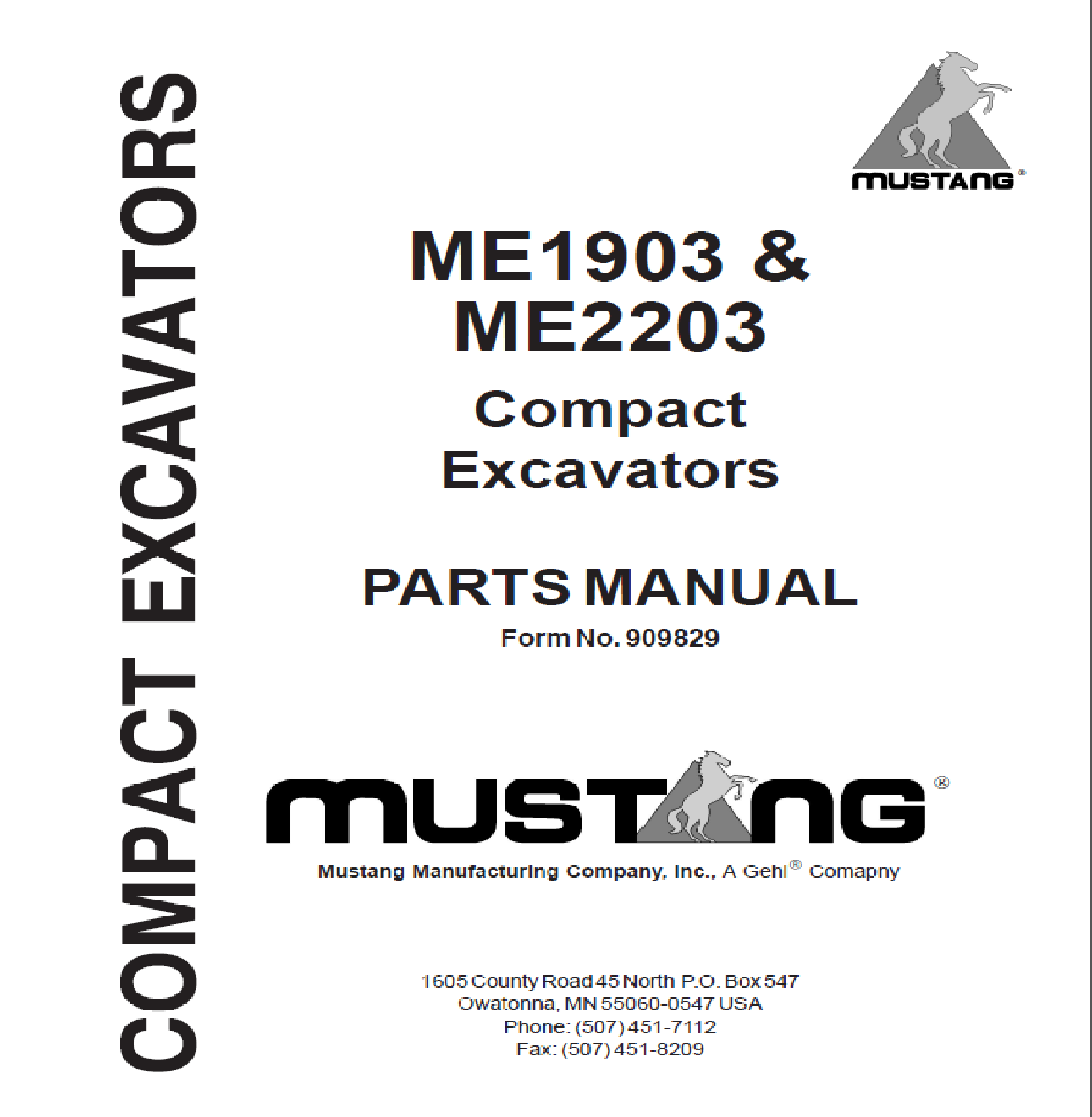 Mustang ME1903 & ME2203 Compact Excavators Parts Catalog Manual (SN AB00453 and Before) 909829 PDF Download