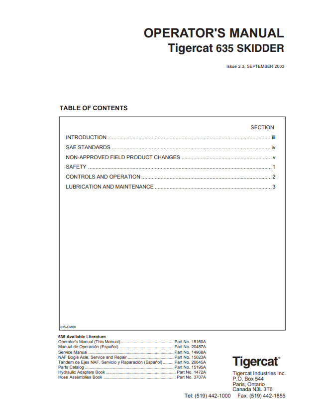 Tigercat 635 Skidder Operator's Manual (15160A)