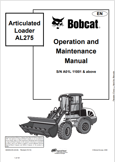 BOBCAT AL275 ARTICULATED LOADER OPERATION AND MAINTENANCE MANUAL (4900052) - PDF FILE