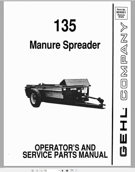 135 Gehl Manure Spreader Operator’s & Service Parts Catalog Manual – Complete Operation, Maintenance and Parts Guide