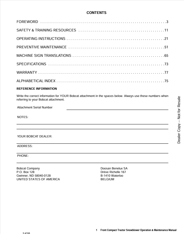 BOBCAT FCTSB72 FRONT COMPACT TRACTOR SNOWBLOWER (6987298) OPERATION & MAINTENANCE MANUAL PDF DOWNLOAD