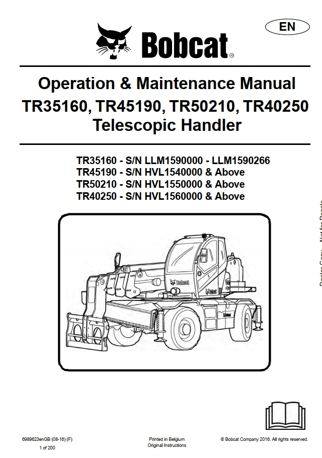 Bobcat Telescopic Handler TR35160, TR45190, TR50210, TR40250 Operation & Maintenance Manual PDF