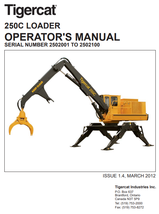 Tigercat 250C Loader Operator/User Manual (2502001-2502101)