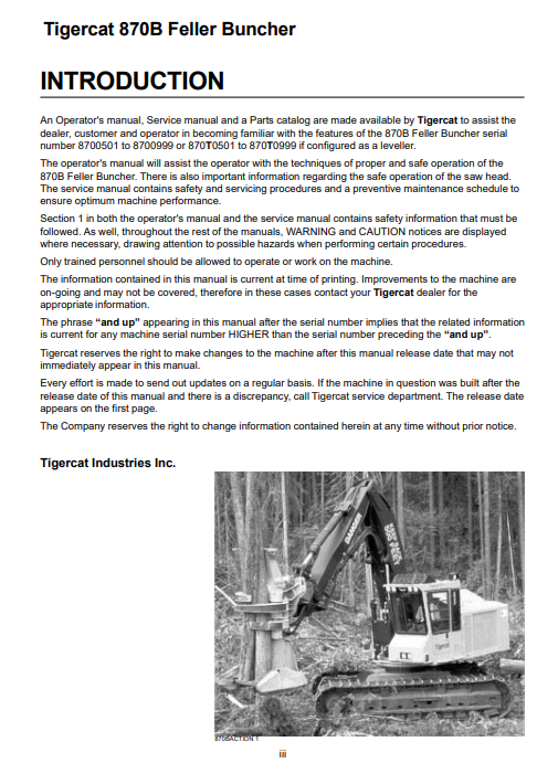 Tigercat 870B Feller Buncher Operator/User Manual (8700501-8700999)
