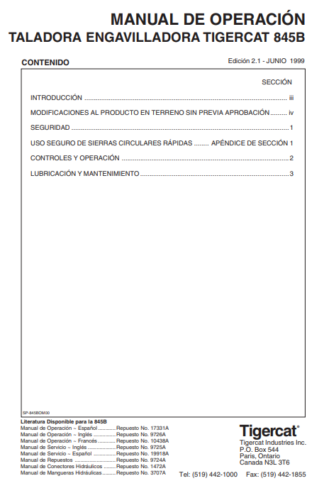 Tigercat 845B Feller Buncher Operator/User Manual (8450501-8451499)