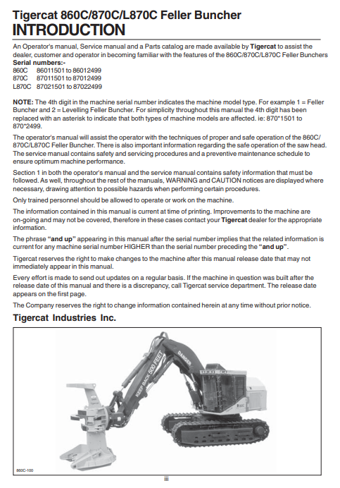 Tigercat 870C Feller Buncher Service Repair Manual (87011501-87013500, 87011501-87012100)