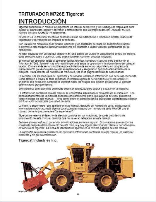 Tigercat M726E Mulcher Operator / User Manual (726M3501 - 726M5000)