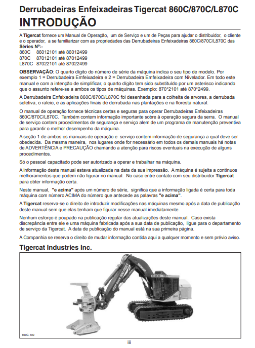 Tigercat 870C Feller Buncher Operator/User Manual (87011501-87013500, 87012101-87012499)
