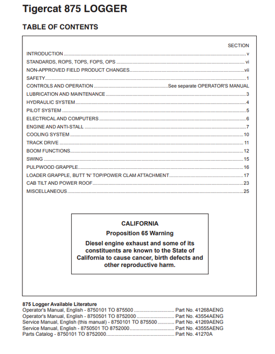 Tigercat 875 Logger Service Repair Manual (8750101-8752000, 8750101-8750500)