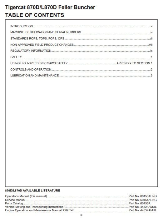 Tigercat 870D Feller Buncher Operators/User Manual (87013501-87015000)
