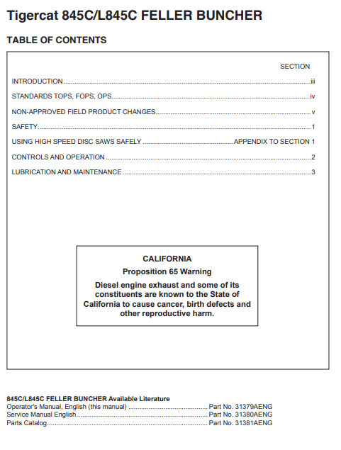 Tigercat 845C Feller Buncher Operator/User Manual (84511501-84512500, 84511501-84511860)