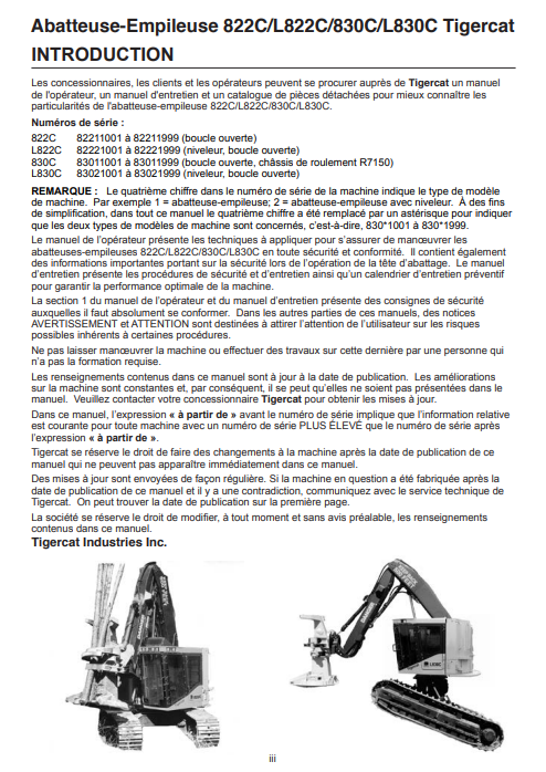 Tigercat 830C Feller Buncher Service Repair Manual (83011001-83013000, 83011001-83011999) French
