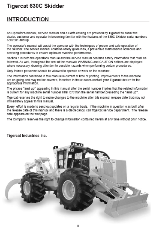 Tigercat 630C Skidder Operator/User Manual (6302001-6303000)