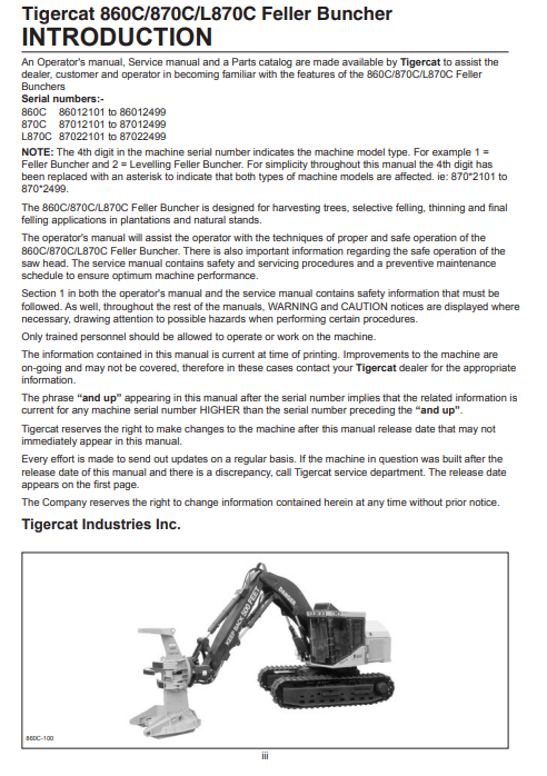 Tigercat 870C Feller Buncher Service Repair Manual (87011501-87013500, 87012101-87012499)