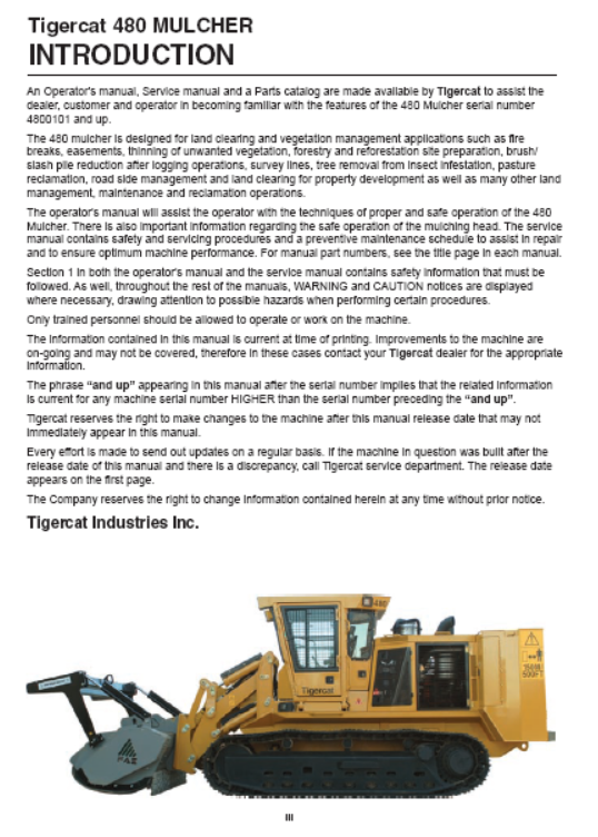 Tigercat 480 Mulcher Service Repair Manual (44800101-4801000)