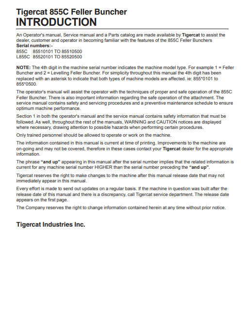 Tigercat L855C Feller Buncher Service Repair Manual (85520101-85522000, 85520101-85521000)