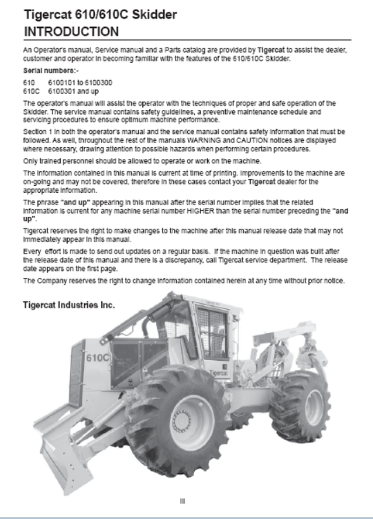 Tigercat 610C Skidder Operator/User Manual (6100301-6101100, 6100301-6100700)