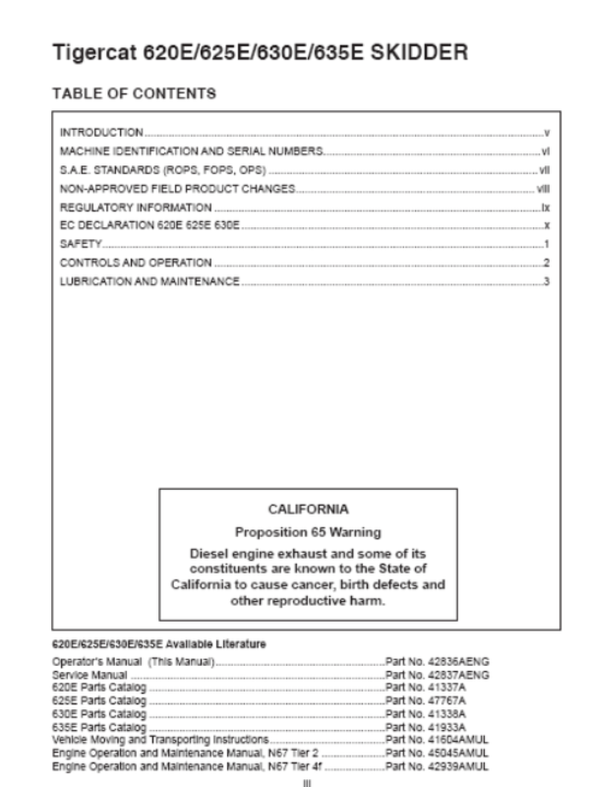 Tigercat 625E, 630E Skidder Operator/User Manual (6250501-6250800, 6250501-6250800)