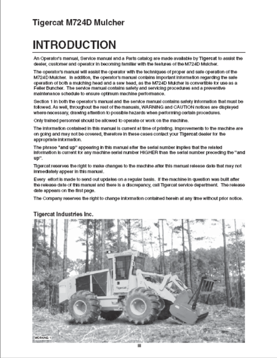 Tigercat M726D Mulcher Operator / User Manual (726M3001 - 726M3499)