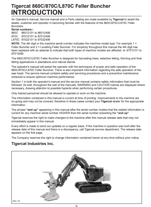 Tigercat 870C Feller Buncher Operator/User Manual (87011501-87013500, 87012101-87012499)