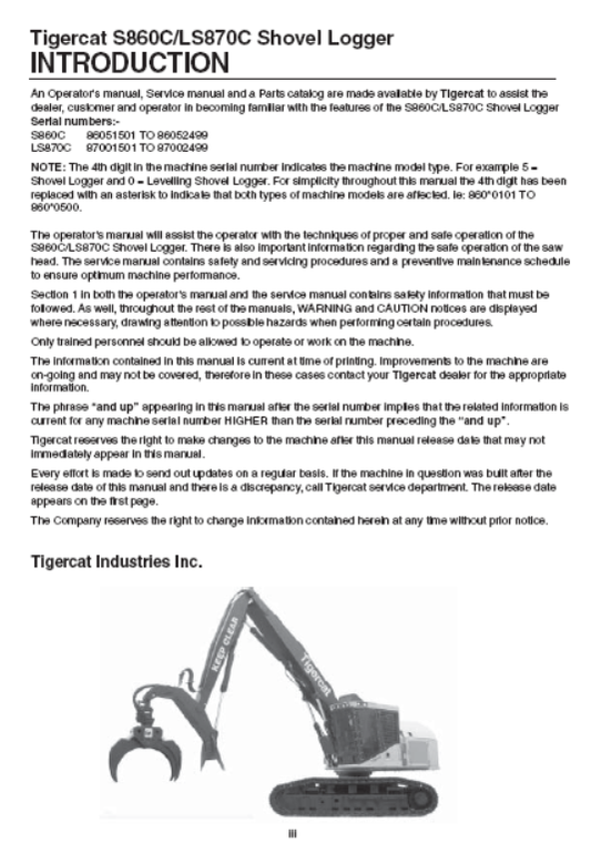Tigercat S860C Shovel Logger Service Repair Manual (86051501-86052499)