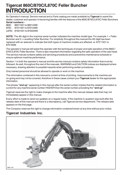 Tigercat 860C Feller Buncher Service Repair Manual (86011501-86013500, 86011501-86012100)