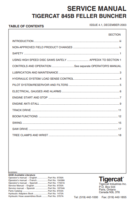 Tigercat L845B Feller Buncher Service Repair Manual (845T0501-845T1499)