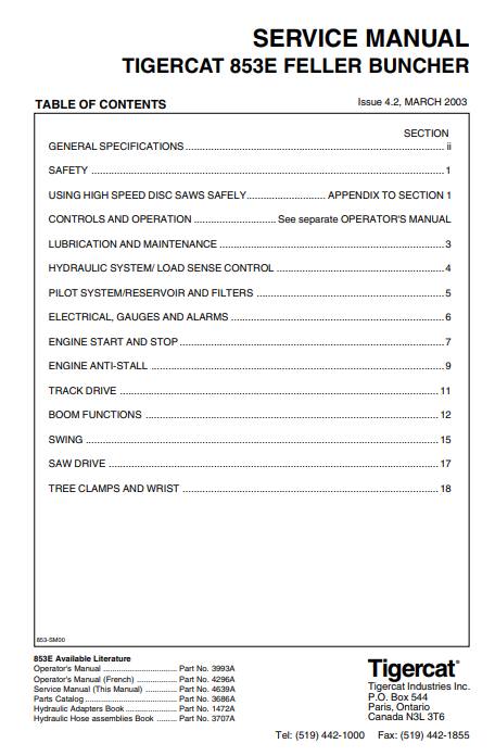 Tigercat 853T Feller Buncher Service Repair Manual (853T393-853T499)