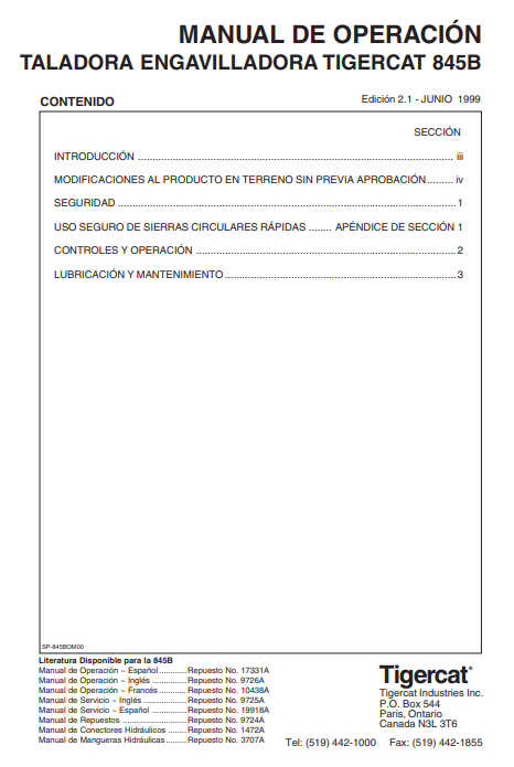 Tigercat L845B Feller Buncher Operator/User Manual (845T0501-845T1499)