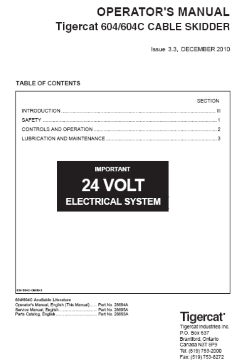 Tigercat 604C Cable Skidder Operator/User Manual (6040201-6041000, 6040201-6040500)