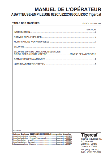 Tigercat 830C Feller Buncher Operator/User Manual (83011001-83013000, 83011001-83011999)