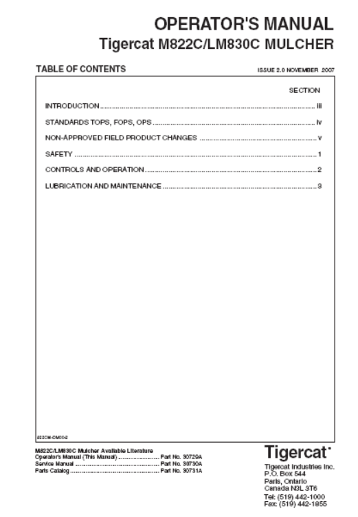Tigercat LM830C Mulcher Operator/User Manual (830121001-830121999)